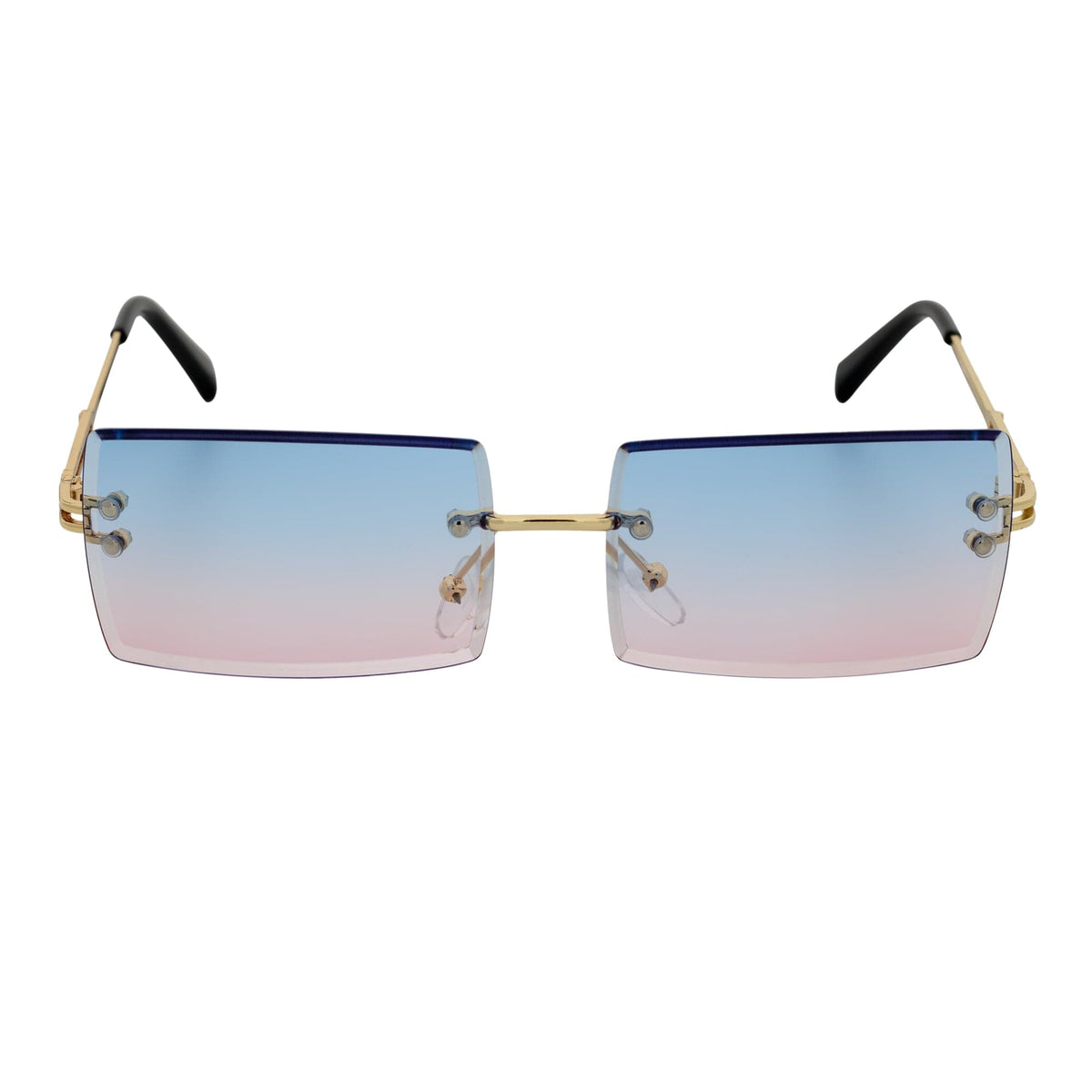PREMIERE - Small Metal Rimless Rectangle Sunglasses Gold Pink-Blue