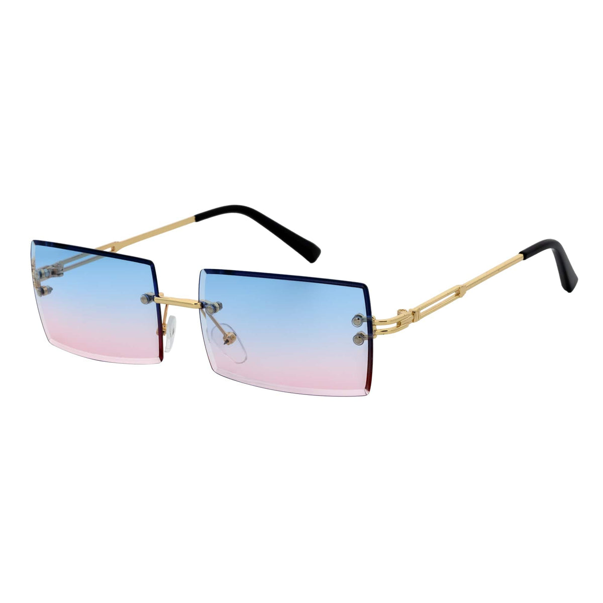 PREMIERE - Small Metal Rimless Rectangle Sunglasses Gold Pink-Blue