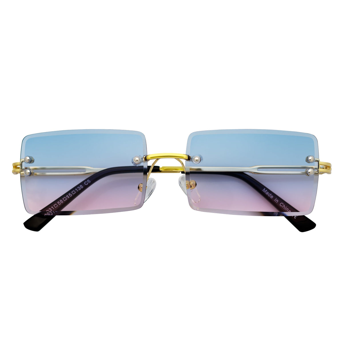 PREMIERE - Small Metal Rimless Rectangle Sunglasses Gold Pink-Blue